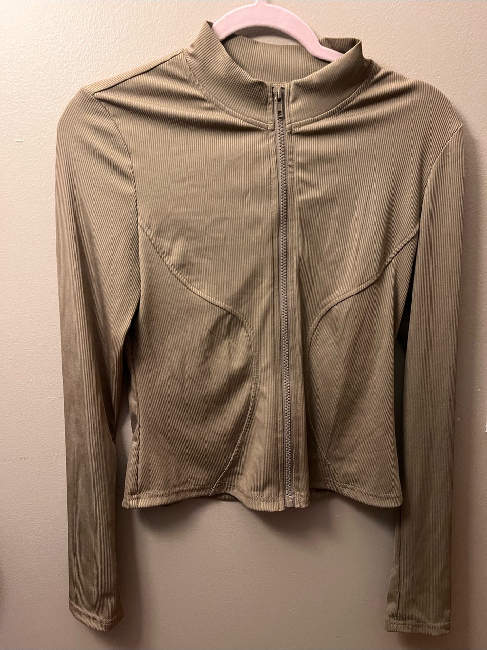 SHEIN Olive-Taupe Ribbed Zip-Front Bomber Jacket- women’s